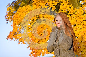 Autumn sunset park - red hair woman fashion