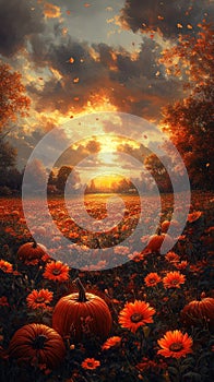 Autumn Sunset Pumpkin Patch Illustration