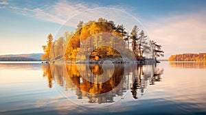 Autumn Sunset: Reflections Of An Island In Water