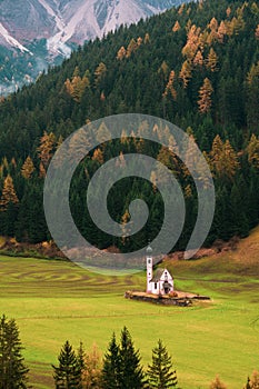 Autumn sunset in Val di Funes in the Italian Dolomites.