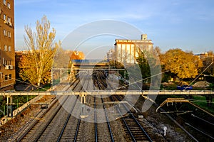 Autumn sunset, view of train tracks near Alcala de Henares station, Madird, Spain