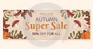 Autumn Super Sale horizontal banner template design with copy space. Frame with different leaves branches, pumpkins and