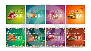 Autumn super sale, set of square colorful discount banners in modern style with falling maple leaves and autumn elements