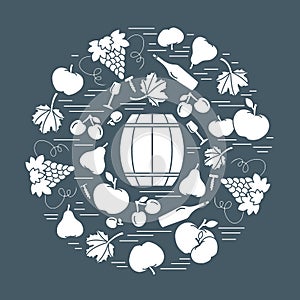 Autumn symbols in circle. Barrel, corkscrew, wine glass, pear, p