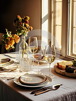 Autumn table decor, brown and beige fall home interior decoration, afternoon light