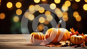 Autumn table decoration pumpkin, leaf, glowing candle, rustic wood generated by AI