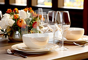 Autumn table setting. Plate, cutlery and decorative pumpkins. Thanksgiving and harvest concept