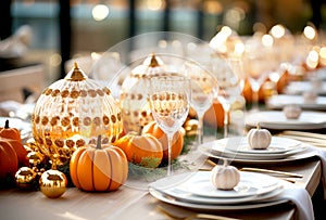Autumn table setting. Plate, cutlery and decorative pumpkins. Thanksgiving and harvest concept