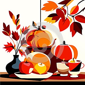 Autumn table setting with pumpkins, apples and vase with autumn leaves Generative AI