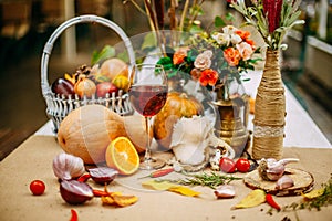 Autumn table setting with pumpkins and leaves. Thanksgiving dinner