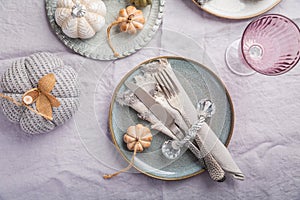 Autumn table setting with pumpkins. Thanksgiving holiday dinner and fall decoration