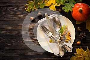 Autumn table setting top view.