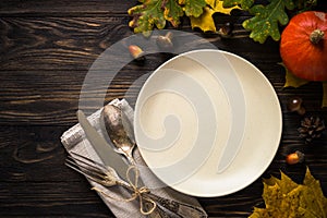 Autumn table setting top view.