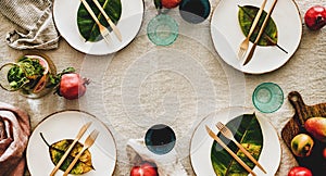 Autumn table styling or setting for holiday celebration, wide composition