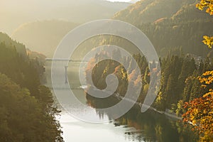 Autumn at tadami river in evening