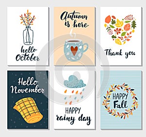 Autumn tags, season poster with fall leaf, rain and Hand drawn text.