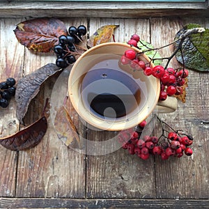 Autumn tea on a rustic background