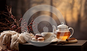 Autumn tea time with cup of tea, glass teapot and macaroons. Herbal raspberry natural tea. Aesthetic home with candle