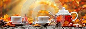 Autumn Tea Time, Rustic Table Setting with Teapot, Teacups, Fallen Leaves, WarmSunlight