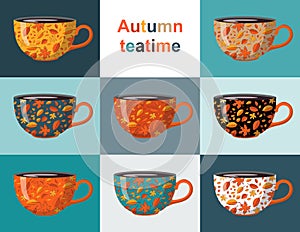 Autumn tea time. Set of teacups with autumnal leaves in different colors.