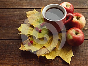 Autumn tea warm leaves ripe wooden surface concept
