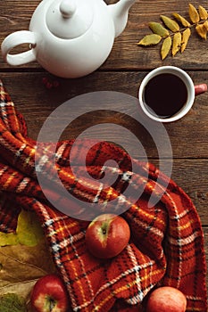 Autumn tea warmth leaf ripe wooden surface concept