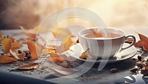 Autumn tea on a white table in a bright environment surrounded by maple leaves. Generative AI illustrations