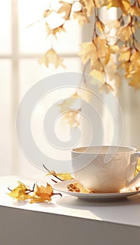 Autumn tea on a white table in a bright environment surrounded by maple leaves. Generative AI illustrations