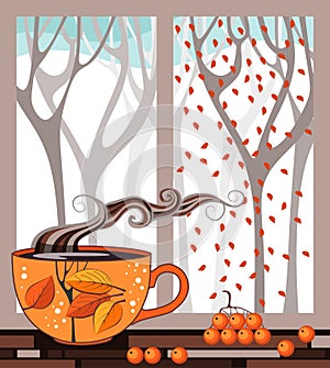 Autumn teatime. Cup of tea on the window sill