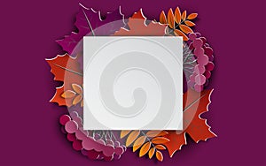 Autumn template, 3d paper frame, paper colorful tree leaves, purple background. Autumnal holiday design for fall season festival