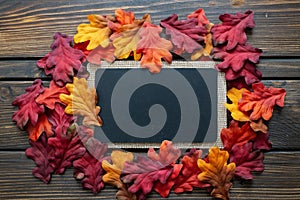 Autumn Thanksgiving background and frame with leaves and small pumpkins surrounding the frame