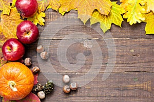 Autumn thanksgiving background with seasonal fruits and vegetables