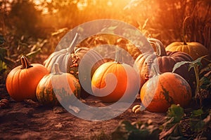 Autumn Thanksgiving day background. Pumpkins, gourds, squashes. Beauty Holiday autumn festival concept. Fall scene.