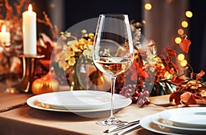 Autumn Thanksgiving dining table place setting. Ai generative