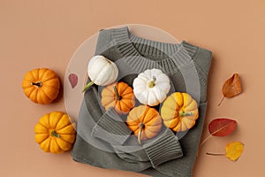 Autumn Thanksgiving holiday background from knitted sweater with pumpkins and dried leaves. Harvest, fall and halloween concept