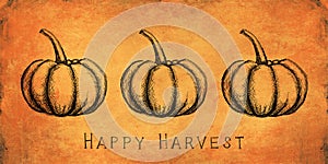 Autumn and thanksgiving orange textured background with hand painted pumpkin illustration. Minimal art seasonal concept. Greeting