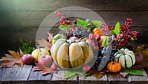 Autumn Thanksgiving pumpkins, fruits and falling leaves on rustic wooden table