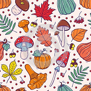 Autumn and thanksgiving seamless pattern with falling leaves, pumpkins and mushrooms in doodle style. Good for wrapping