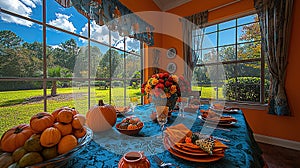Autumn Thanksgiving table setting with a view