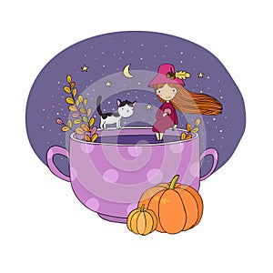 Autumn theme. Halloween. Little cute girl and a cartoon cat sitting on the cup. The moon, stars and melon. Vector