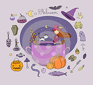 Autumn theme. Halloween. Little cute girl and a cartoon cat sitting on the cup. The moon, stars and melon. Vector