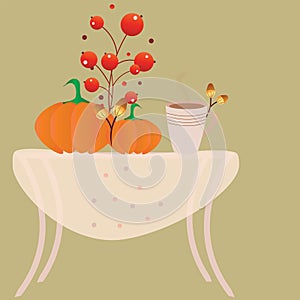 autumn theme vector - table with pumpkins, berries acorns and hot coffee illustration