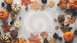 Autumn-themed frame with pumpkins and dry leaves. Fall decoration border around a blank paper. Copy space. Mockup