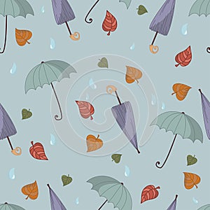 Autumn things - umbrella, leafs and rain drops seamless pattern