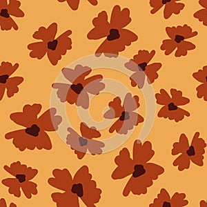 Autumn tones seamless pattern with brown random flowers buds elements print. Beige pastel background