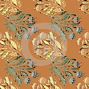 Autumn tones seamless pattern with doodle folk bouquet ornament in beige and blue colors. Brown background