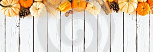 Autumn top border of pumpkins and fall decor over a rustic white wood banner background