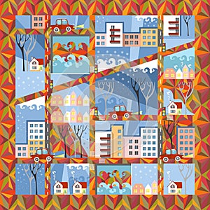 Autumn town in anticipation of winter. Cute cartoon city map