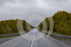 Autumn track on the border of the Khanty-Mansiysk Autonomous Okrug and the Sverdlovsk Region in Russia