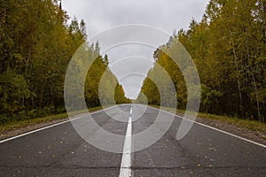 Autumn track on the border of the Khanty-Mansiysk Autonomous Okrug and the Sverdlovsk Region in Russia
